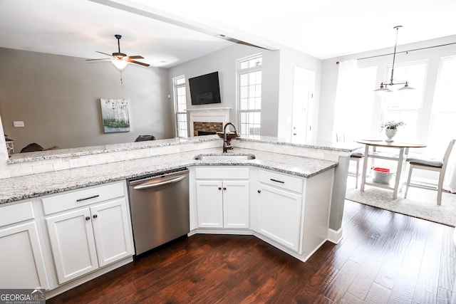 kitchen with a sink, white cabinets, dark wood finished floors, and stainless steel dishwasher