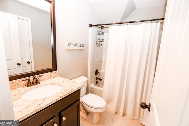 full bathroom featuring shower / bath combo, vanity, toilet, and tile patterned floors