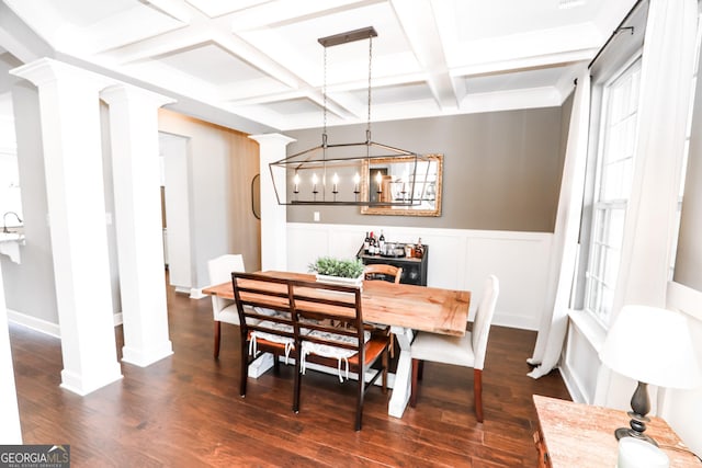 dining room with a wainscoted wall, dark wood-type flooring, coffered ceiling, and decorative columns