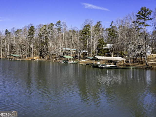 water view featuring a dock and a wooded view