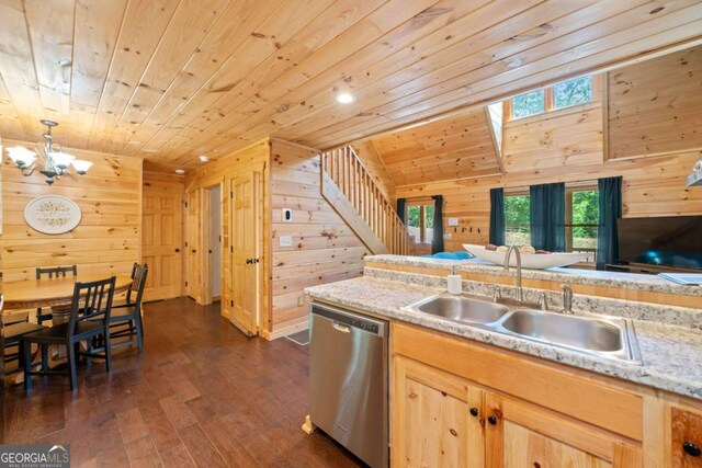 kitchen featuring wood ceiling, dishwasher, wood walls, and a sink