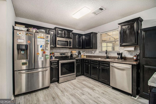 kitchen featuring a sink, visible vents, appliances with stainless steel finishes, and dark cabinets