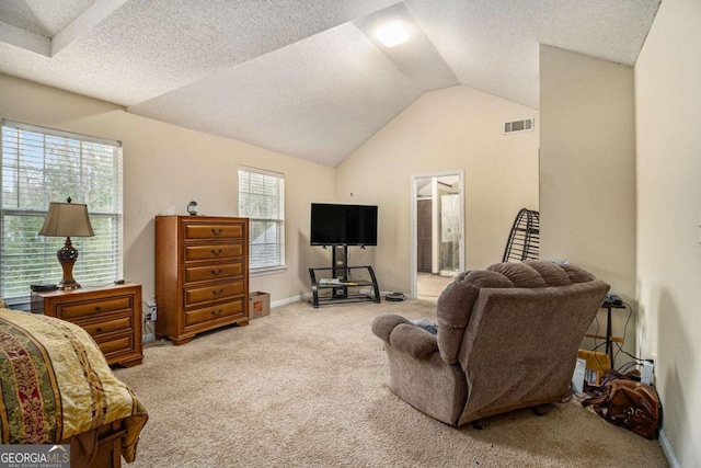 living area with carpet, visible vents, vaulted ceiling, a textured ceiling, and baseboards