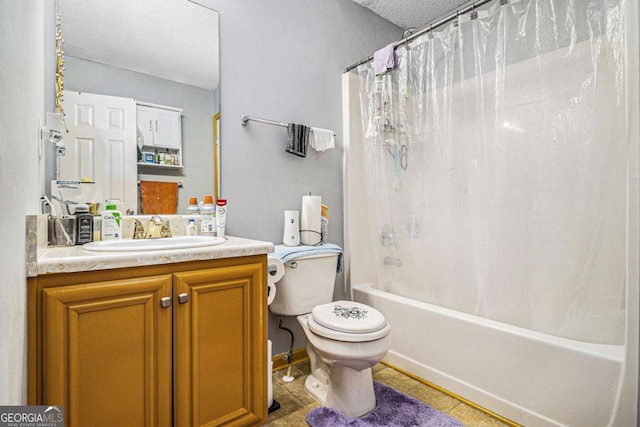 full bathroom featuring toilet, shower / bath combo, a textured ceiling, vanity, and tile patterned floors