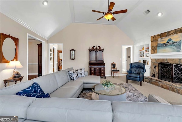 living area featuring lofted ceiling, a stone fireplace, carpet floors, visible vents, and built in features