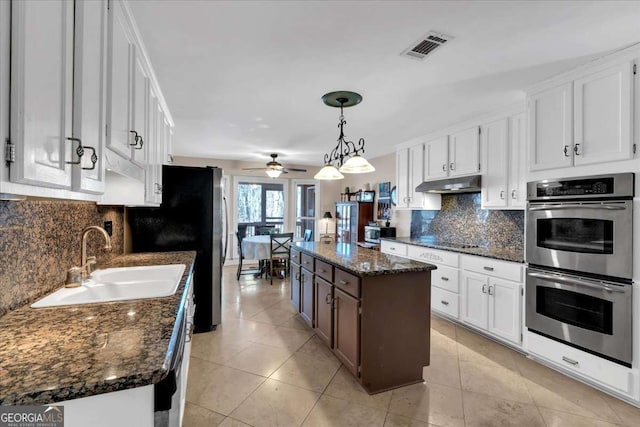 kitchen with under cabinet range hood, stainless steel appliances, a kitchen island, a sink, and decorative backsplash