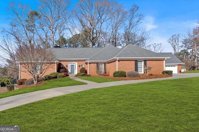 single story home featuring brick siding, driveway, a front lawn, and roof with shingles