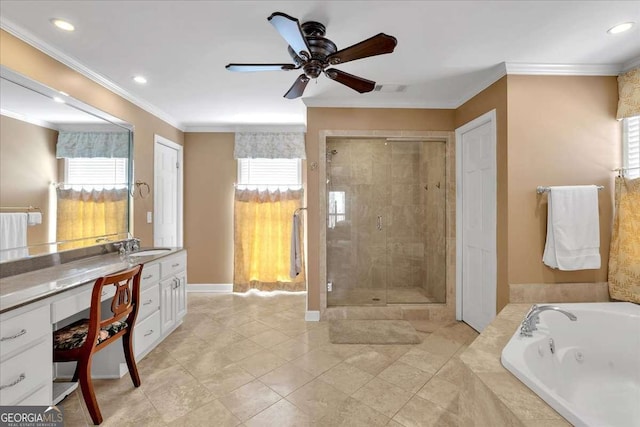 bathroom with a jetted tub, a shower stall, crown molding, and vanity