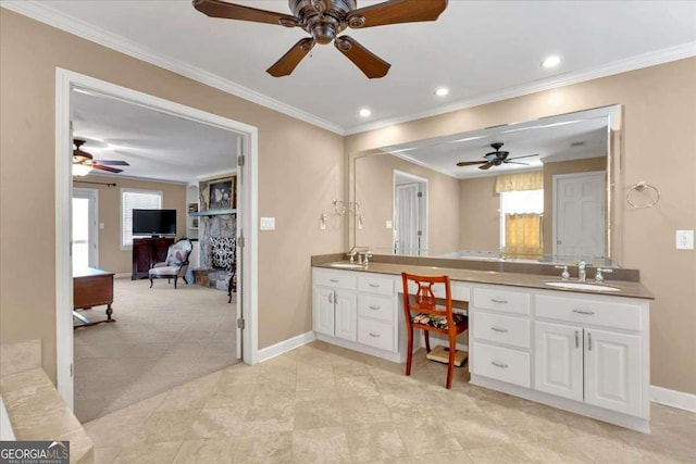 full bathroom with baseboards, recessed lighting, vanity, and crown molding