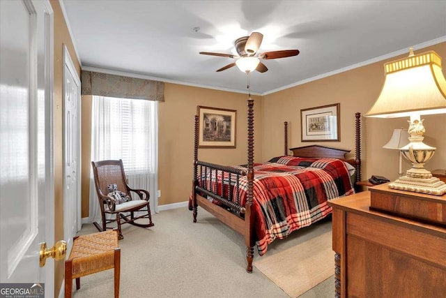 bedroom featuring light carpet, ceiling fan, ornamental molding, and baseboards