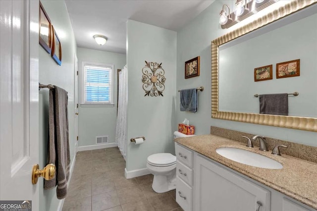 full bathroom featuring visible vents, baseboards, toilet, tile patterned flooring, and vanity