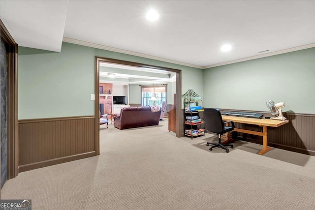 carpeted office featuring visible vents, wainscoting, ornamental molding, wood walls, and recessed lighting