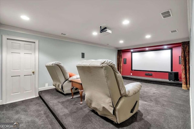 carpeted cinema room with baseboards, recessed lighting, visible vents, and crown molding