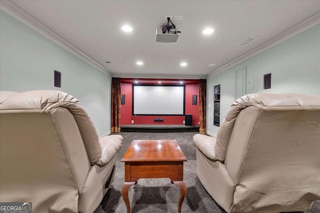 cinema featuring crown molding, carpet flooring, and recessed lighting