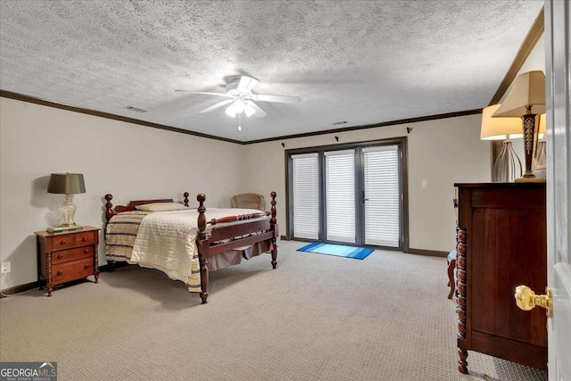 carpeted bedroom featuring access to outside, a textured ceiling, ornamental molding, and baseboards