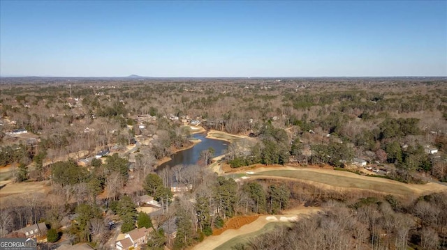 bird's eye view featuring a water view and a forest view