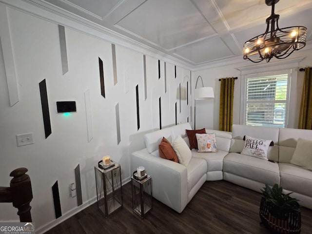 living room with a chandelier, dark wood-type flooring, visible vents, and crown molding