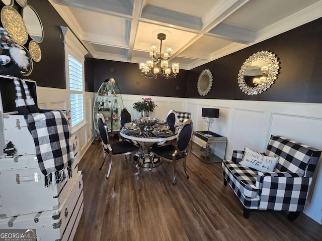 dining space with beam ceiling, a wainscoted wall, dark wood finished floors, and an inviting chandelier