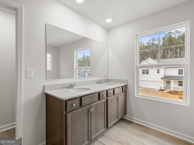 bathroom with double vanity, baseboards, a sink, and wood finished floors