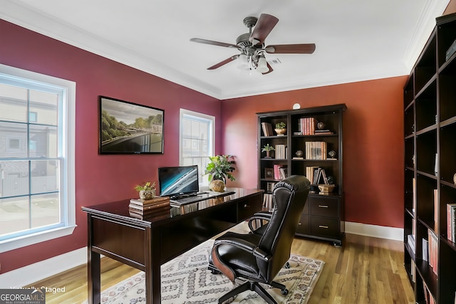 484 Martin St SE, Atlanta, GA 30312 - office space with baseboards, crown molding, ceiling fan, and wood finished floors