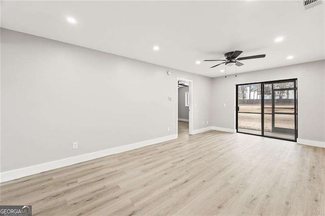 empty room with ceiling fan, light wood-style flooring, recessed lighting, visible vents, and baseboards