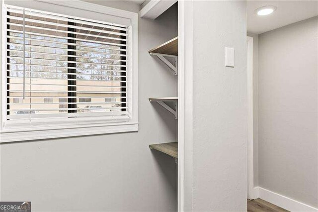 walk in closet with wood finished floors