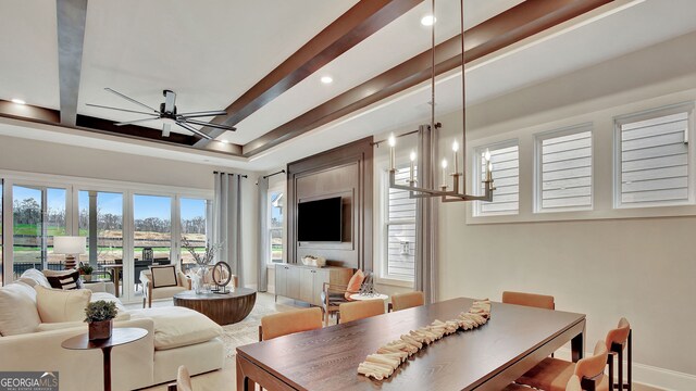 interior space with ceiling fan, baseboards, beam ceiling, and recessed lighting