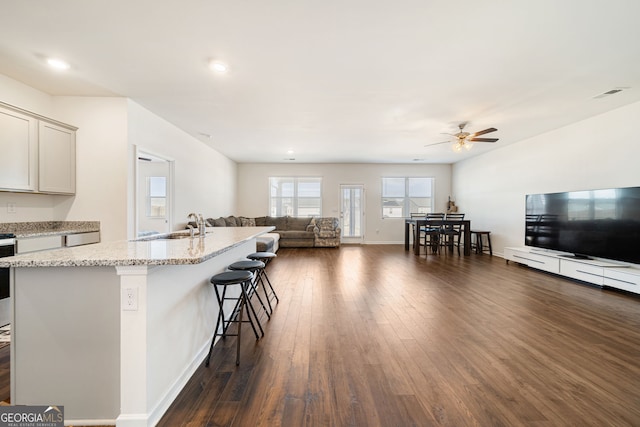 2030 Vidalia Ct, Dacula, GA 30019 - kitchen featuring open floor plan, dark wood-style floors, a breakfast bar, ceiling fan, and a sink