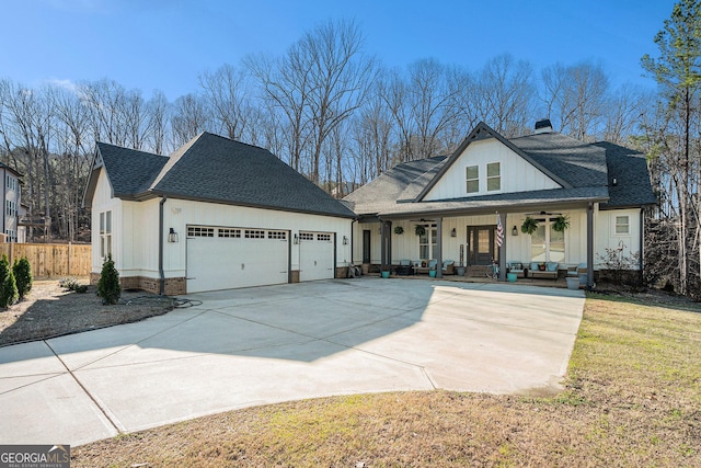 modern farmhouse style home with a ceiling fan, driveway, roof with shingles, a porch, and an attached garage