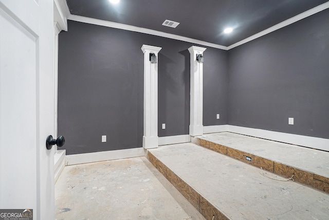 cinema featuring visible vents, baseboards, and ornamental molding