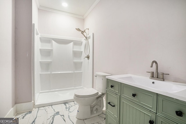 full bath featuring toilet, marble finish floor, crown molding, a shower, and vanity