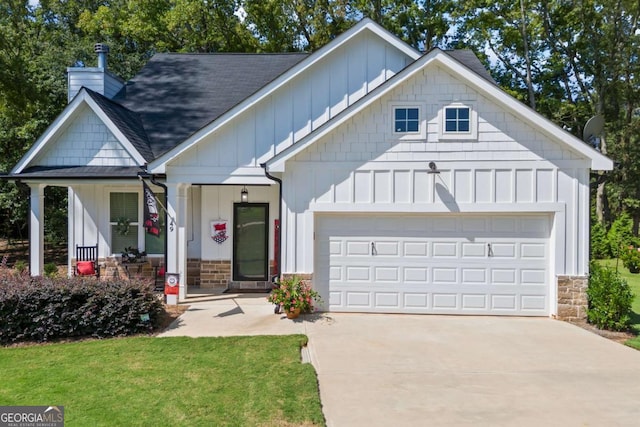 view of front of house with a garage, a shingled roof, concrete driveway, a chimney, and board and batten siding