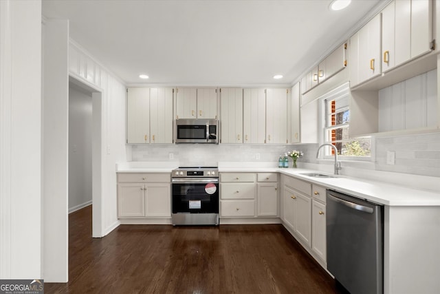 kitchen featuring dark wood-style floors, tasteful backsplash, stainless steel appliances, and a sink