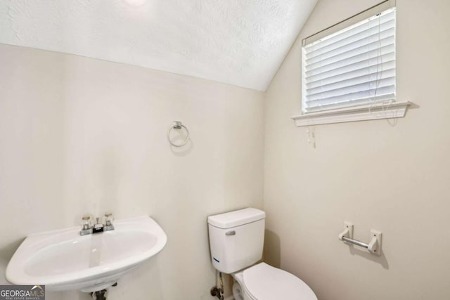 half bath featuring lofted ceiling, a textured ceiling, a sink, and toilet