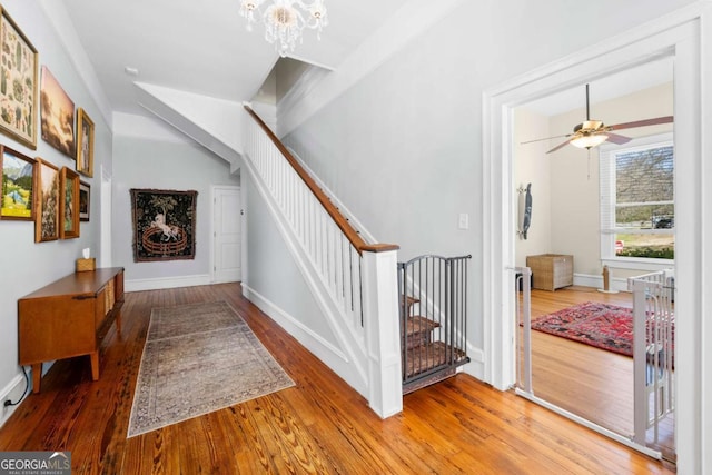 staircase featuring ceiling fan with notable chandelier, wood-type flooring, and baseboards