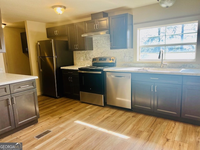 kitchen with appliances with stainless steel finishes, light wood-style floors, a sink, and under cabinet range hood