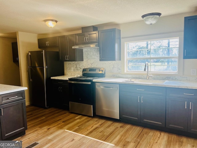 kitchen with under cabinet range hood, a sink, light countertops, appliances with stainless steel finishes, and light wood-type flooring