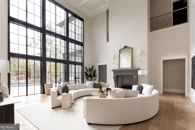 living area featuring plenty of natural light, a fireplace, and wood finished floors