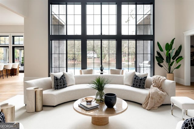 living room featuring a towering ceiling, baseboards, and wood finished floors