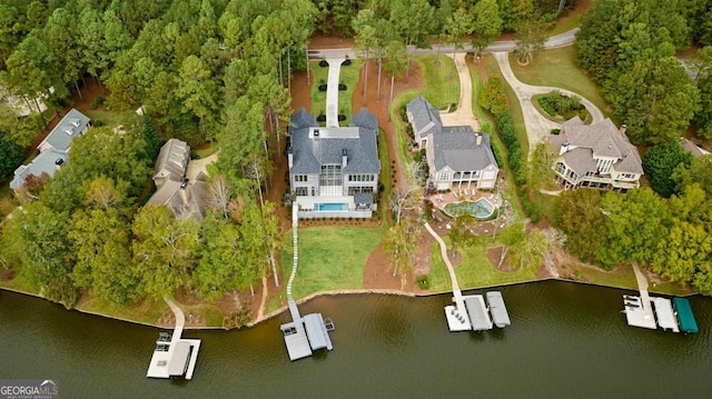 drone / aerial view featuring a water view