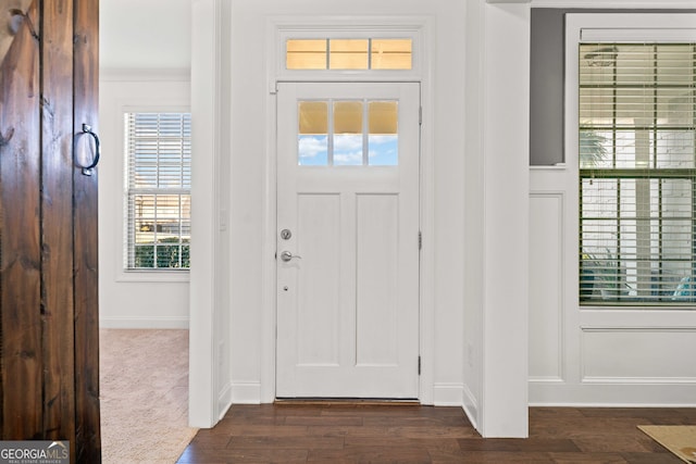 foyer entrance featuring baseboards and dark wood-style flooring