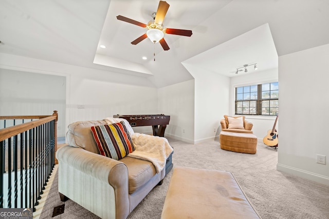 sitting room with recessed lighting, baseboards, carpet, and vaulted ceiling