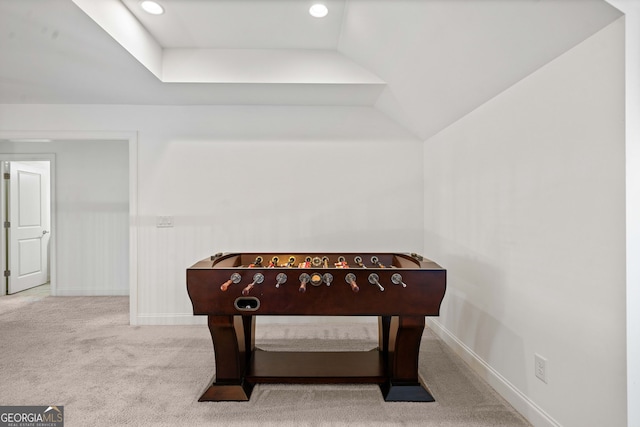 recreation room featuring recessed lighting, baseboards, and carpet flooring