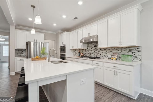 kitchen featuring stainless steel appliances, light wood-style floors, ornamental molding, a sink, and under cabinet range hood