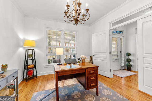 office area with an inviting chandelier, baseboards, crown molding, and light wood-style floors