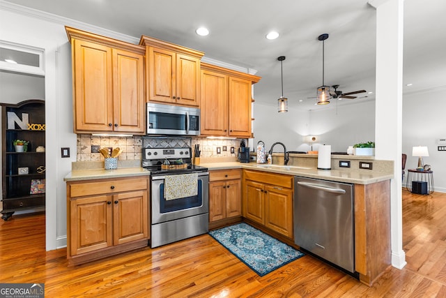 kitchen featuring a peninsula, tasteful backsplash, light wood finished floors, and stainless steel appliances