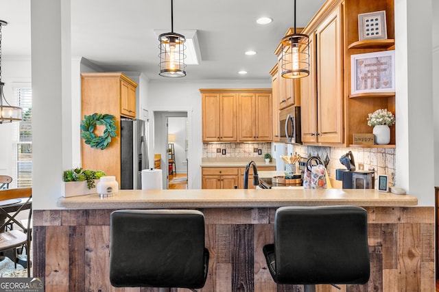 kitchen with open shelves, tasteful backsplash, appliances with stainless steel finishes, and a peninsula