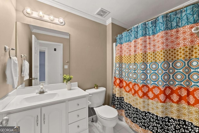 full bathroom featuring visible vents, toilet, tile patterned flooring, crown molding, and vanity