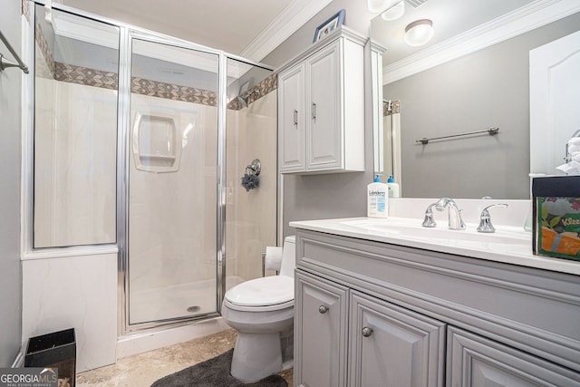 full bath with vanity, toilet, a shower stall, and crown molding