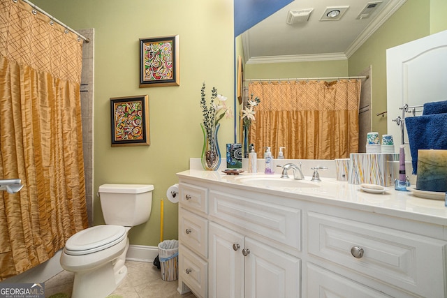 bathroom with vanity, visible vents, tile patterned flooring, crown molding, and toilet